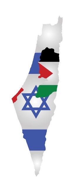 A map of Israel and Palestine together with the area of Israel covered with the Israel flag and the area of Palestine covered with Palestine flag.
