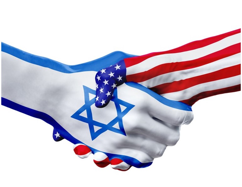 Two shaking hands with one had painted with the Israel flag and one painted with the United States flag demonstrating the United States Support for Israel.