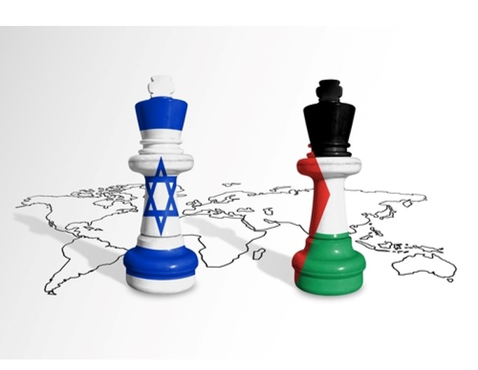One king chess piece with the Israel flag and one king chess piece with the Palestine flag standing on a global map showing the struggle between the two pieces with foreign imposition.