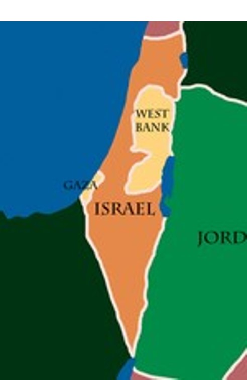 Map of Israel and Palestine showing the borders of Gaza and the West Bank representing the status after the Nakba.